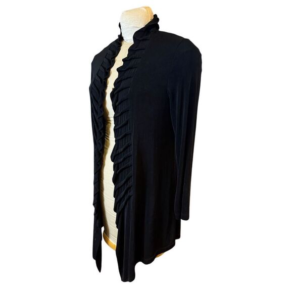 Chico’s Travelers Women’s Black Fluted Ruffle Trim Open Front Cardigan Sz. L - Picture 2 of 6